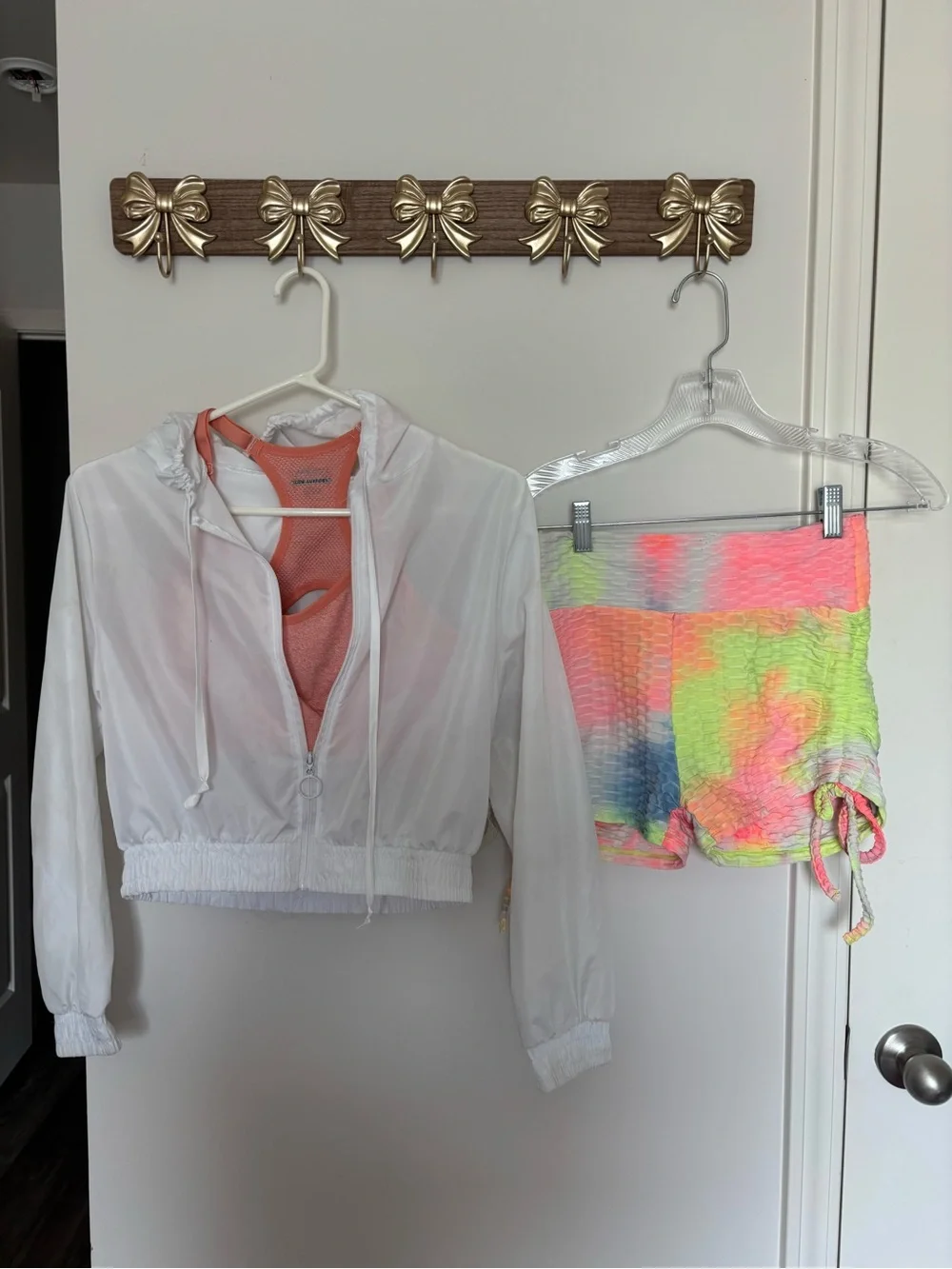 Women’s Neon Tie Dye Scrunch Butt Shorts with bra and crop jacket workout set